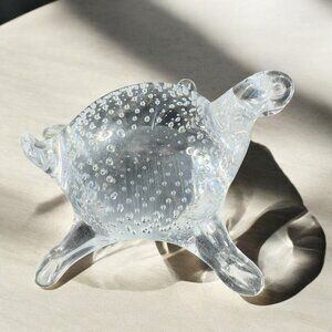 Derpy Clear Glass Turtle Figurine With Small Bubbles All Over Glass Paperweight
